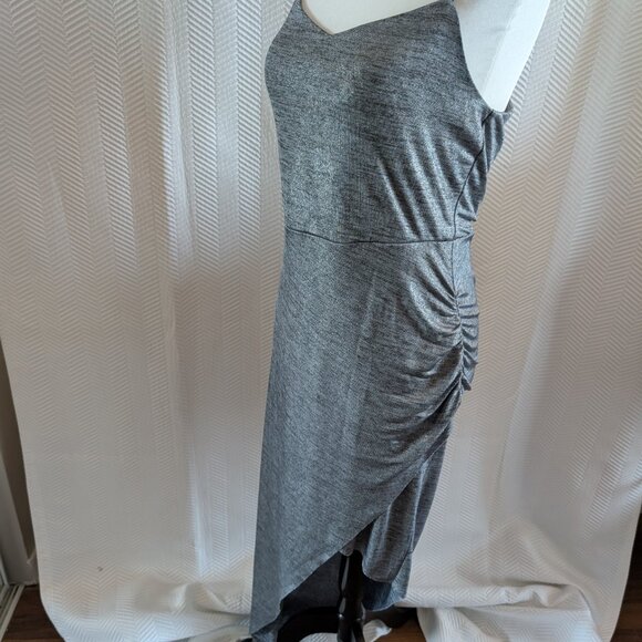 BCBGeneration Liquid Silver Metallic Asymmetrical Ruched Midi Dress Size Medium - Picture 6 of 16